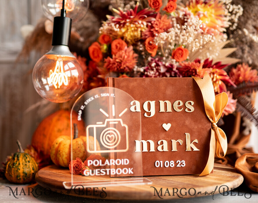 HOCHZEITS-GÄSTEBÜCHER Instax Sofortbildbuch Fall Terracotta Gold Acryl Hochzeits-Gästebuch personalisiert und Unterschrift-Set, Samt Rost Sofortbildbuch Boho Elegant Instax Hochzeitsfotos Gästebuch