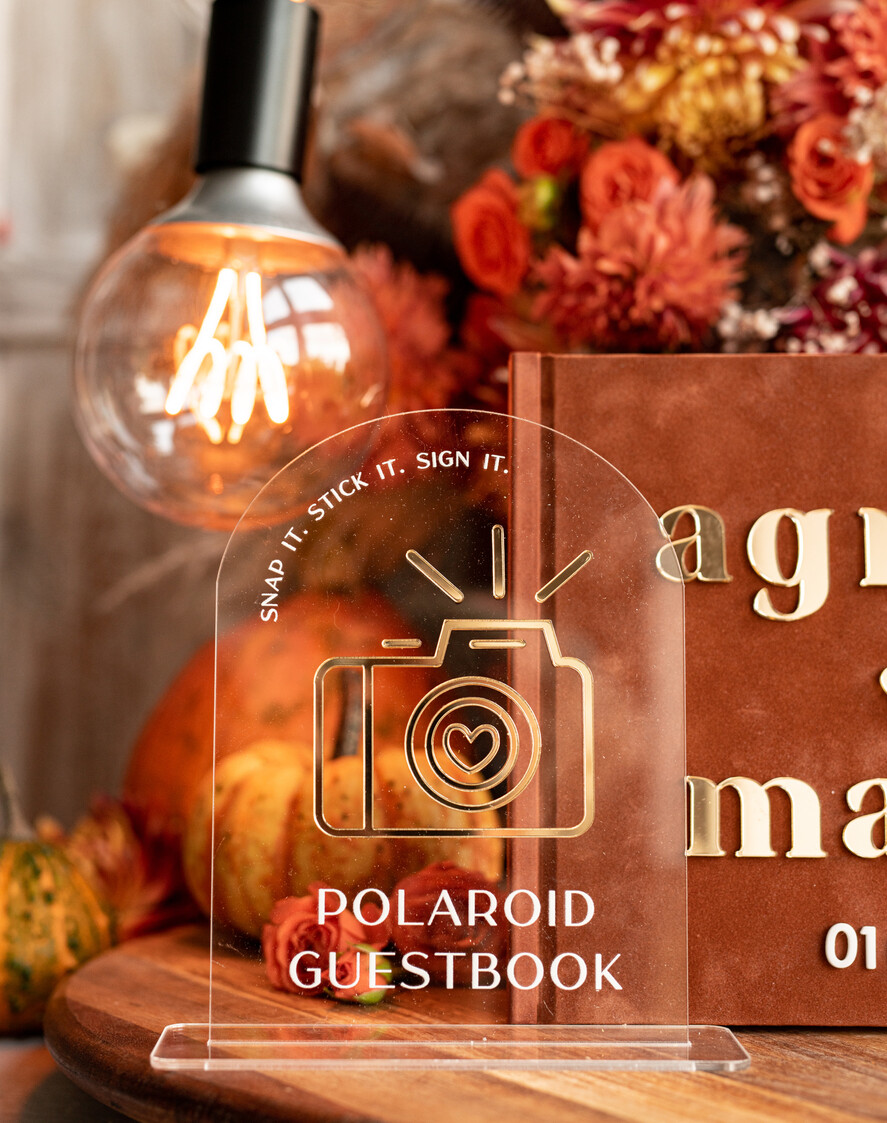 HOCHZEITS-GÄSTEBÜCHER Instax Sofortbildbuch Fall Terracotta Gold Acryl Hochzeits-Gästebuch personalisiert und Unterschrift-Set, Samt Rost Sofortbildbuch Boho Elegant Instax Hochzeitsfotos Gästebuch