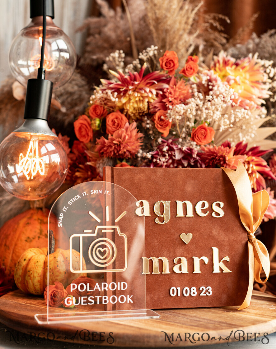 HOCHZEITS-GÄSTEBÜCHER Instax Sofortbildbuch Fall Terracotta Gold Acryl Hochzeits-Gästebuch personalisiert und Unterschrift-Set, Samt Rost Sofortbildbuch Boho Elegant Instax Hochzeitsfotos Gästebuch