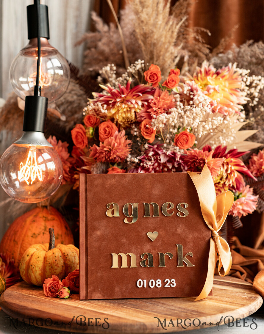 HOCHZEITS-GÄSTEBÜCHER Instax Sofortbildbuch Fall Terracotta Gold Acryl Hochzeits-Gästebuch personalisiert und Unterschrift-Set, Samt Rost Sofortbildbuch Boho Elegant Instax Hochzeitsfotos Gästebuch
