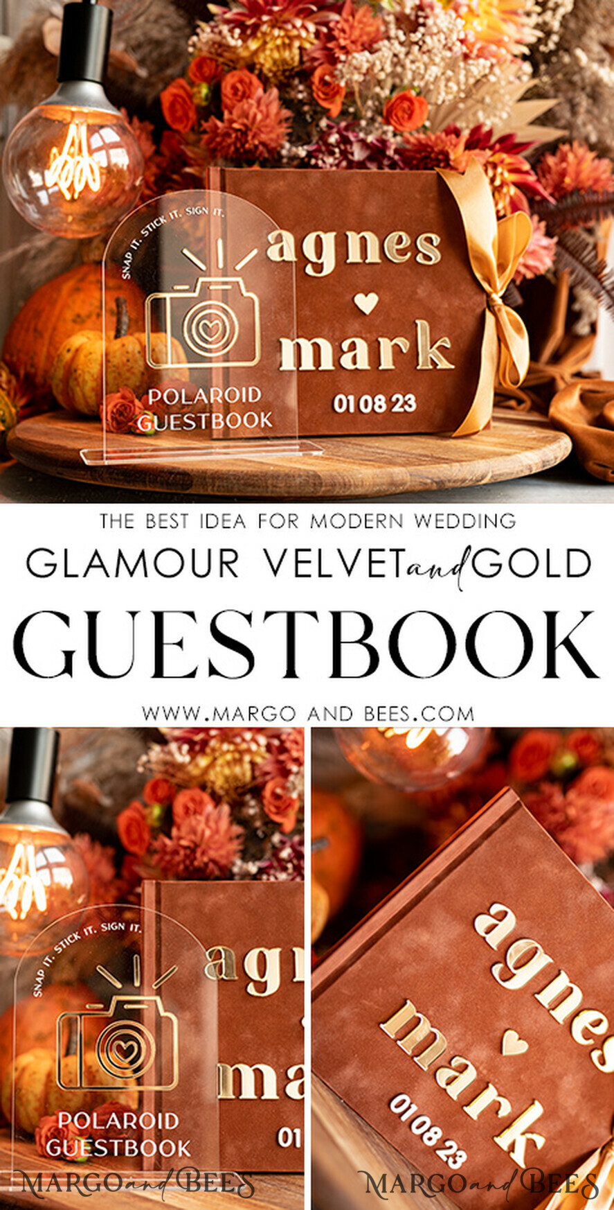 HOCHZEITS-GÄSTEBÜCHER Instax Sofortbildbuch Fall Terracotta Gold Acryl Hochzeits-Gästebuch personalisiert und Unterschrift-Set, Samt Rost Sofortbildbuch Boho Elegant Instax Hochzeitsfotos Gästebuch