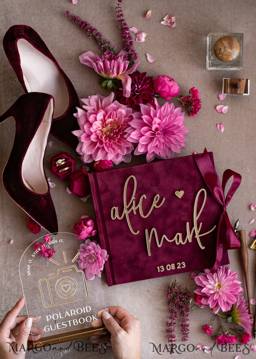 HOCHZEITS-GÄSTEBÜCHER Instax Sofortbildbuch Maroon Gold Acryl Hochzeits-Gästebuch personalisiert und signiert, Samtgarten Burgunder Instant-Foto-Buch Boho Elegant Marsala Instax Hochzeitsfoto-Gästebuch