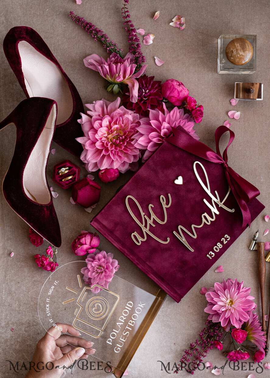 HOCHZEITS-GÄSTEBÜCHER Instax Sofortbildbuch Maroon Gold Acryl Hochzeits-Gästebuch personalisiert und signiert, Samtgarten Burgunder Instant-Foto-Buch Boho Elegant Marsala Instax Hochzeitsfoto-Gästebuch