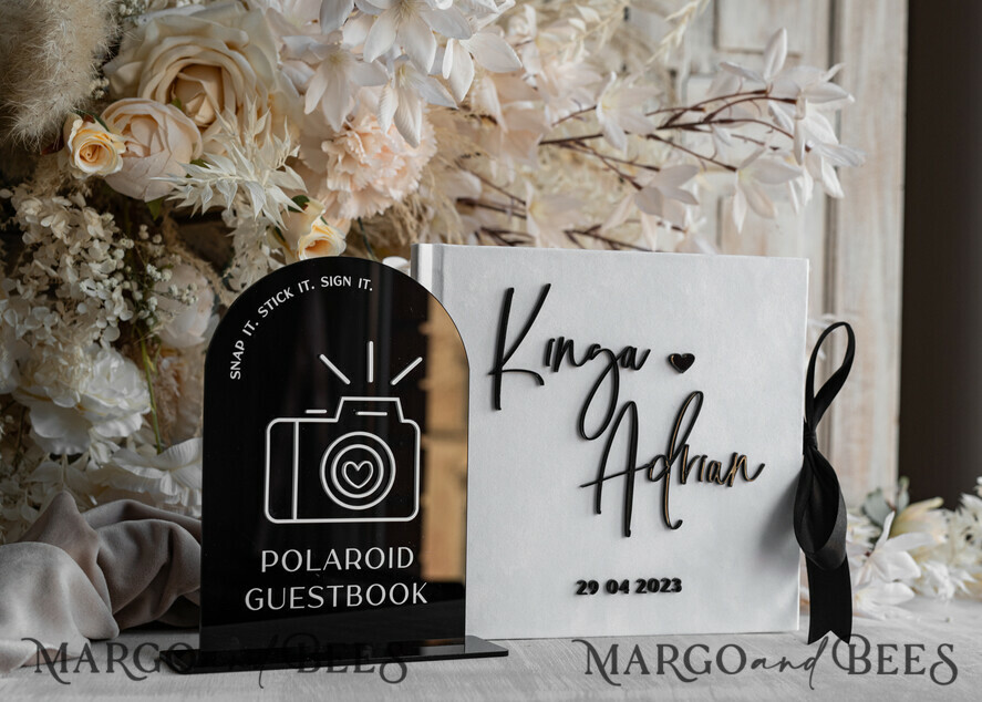 HOCHZEITS-GÄSTEBÜCHER Instax Sofortbildbuch Schwarz & Weiß Terrakotta Gold Acryl Hochzeitsgästebuch personalisiert & Unterschriften-Set, Samt elegantes Sofortfoto-Buch Boho Elegantes Instax Hochzeitsfoto-Gästebuch