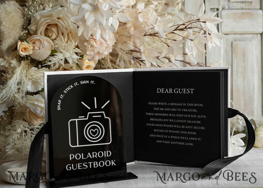 HOCHZEITS-GÄSTEBÜCHER Instax Sofortbildbuch Schwarz & Weiß Terrakotta Gold Acryl Hochzeitsgästebuch personalisiert & Unterschriften-Set, Samt elegantes Sofortfoto-Buch Boho Elegantes Instax Hochzeitsfoto-Gästebuch