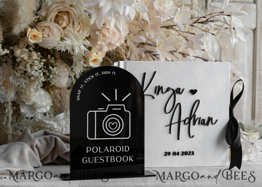 HOCHZEITS-GÄSTEBÜCHER Instax Sofortbildbuch Schwarz & Weiß Terrakotta Gold Acryl Hochzeitsgästebuch personalisiert & Unterschriften-Set, Samt elegantes Sofortfoto-Buch Boho Elegantes Instax Hochzeitsfoto-Gästebuch
