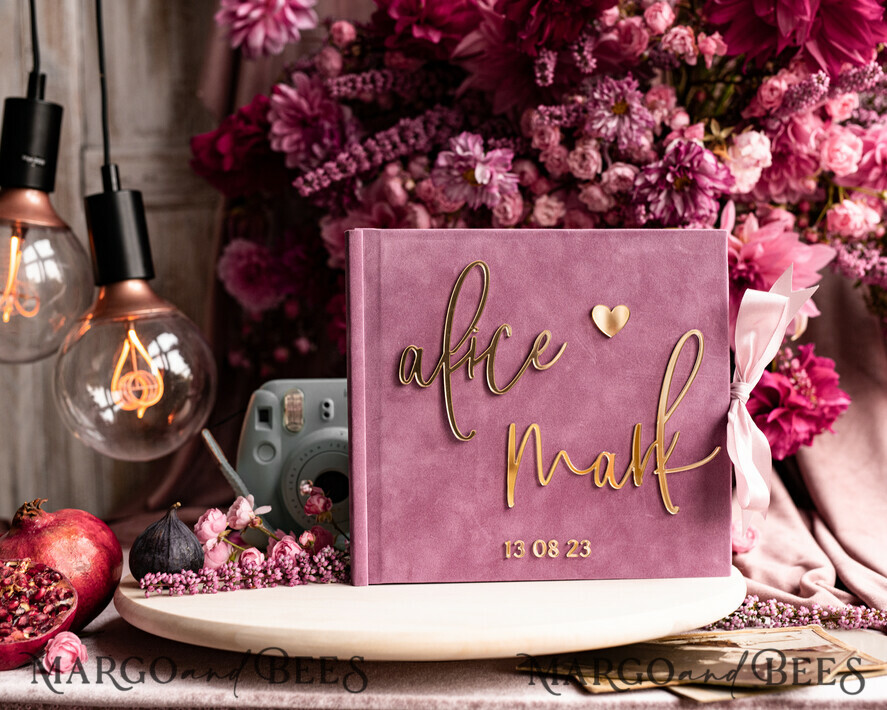 HOCHZEITS-GÄSTEBÜCHER Instax Sofortbildbuch Mauve Gold Acryl Hochzeitsgäste Buch Personalisiert, Samt Staubrosa Sofortbildbuch Boho Elegant Instax Hochzeitsfoto Gästebuch