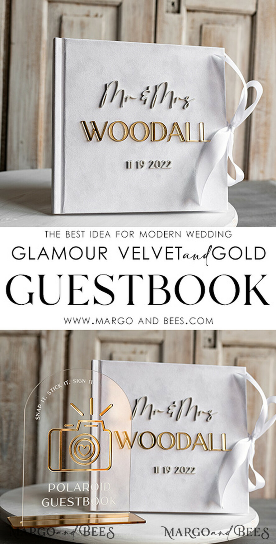 HOCHZEITS-GÄSTEBÜCHER Instax Sofortbildbuch Reines Weißes Gold-Acryl-Hochzeitsgästebuch, personalisiert und mit Unterschriftenset, Samtweißes Sofortfoto-Buch Boho-Elegant Instax Hochzeitsfoto-Gästebuch