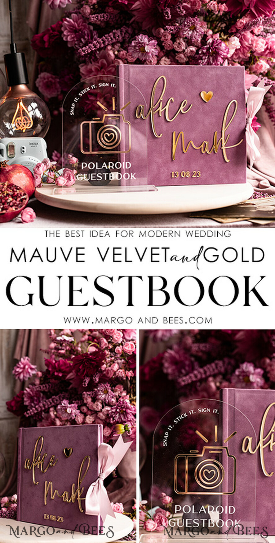 HOCHZEITS-GÄSTEBÜCHER Instax Sofortbildbuch Mauve Gold Acryl Hochzeitsgäste Buch Personalisierte und Signatur Set, Velours Staubige Rose Sofortbildbuch Boho Elegante Instax Hochzeitsfoto Gästebuch