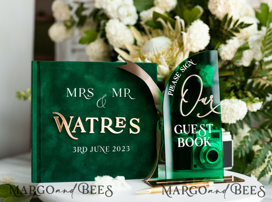 HOCHZEITS-GÄSTEBÜCHER Instax Sofortbildbuch Smaragdgrünes Acryl- und Samt-Hochzeitsgästebuch personalisiert & Unterschriften-Set, elegante Grünpflanzen Sofortbildbuch Boho Elegantes Instax-Gästebuch, sGA