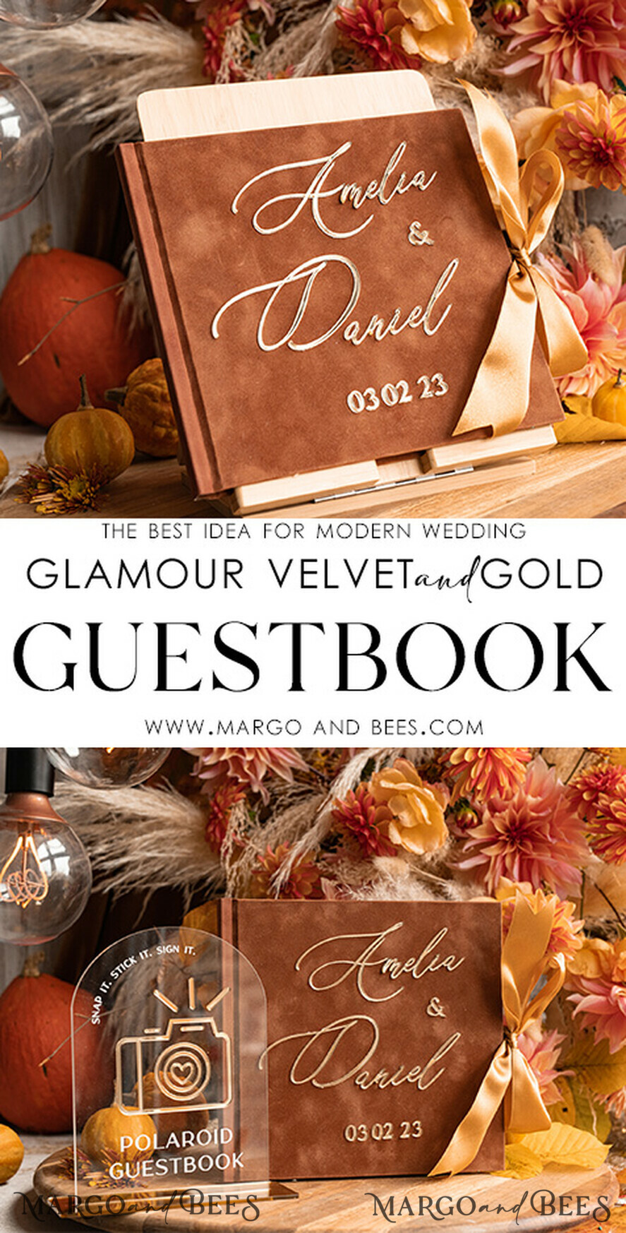 HOCHZEITS-GÄSTEBÜCHER Instax Sofortbildbuch Fall Terracotta Gold Acryl Hochzeitsgäste Buch personalisiert und Unterschrift Set, Samt Rost Sofortbildbuch Boho Elegant Instax Hochzeitsfoto Gästebuch