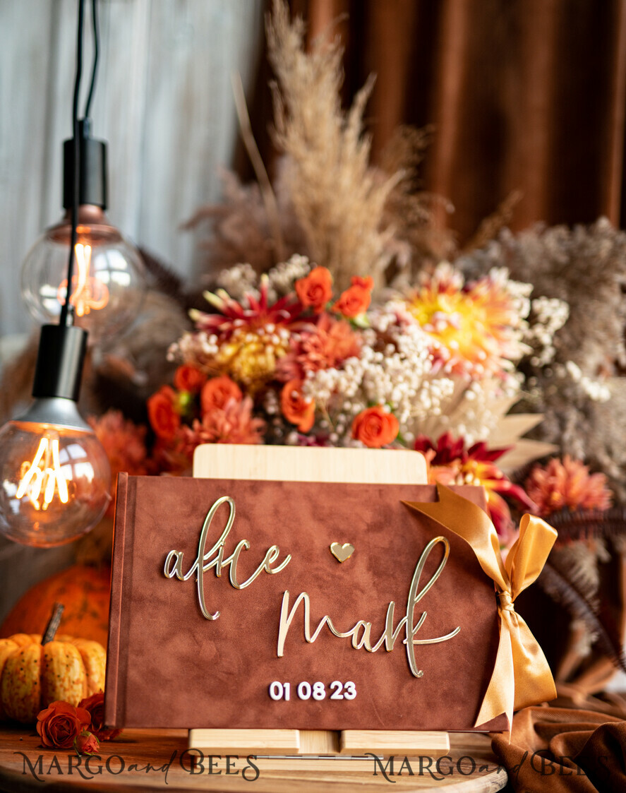HOCHZEITS-GÄSTEBÜCHER Instax Sofortbildbuch Fall Terracotta Gold Acryl Hochzeits-Gästebuch Personalisiert, Samt Rost Sofortbildbuch Boho Elegant Instax Hochzeitsfoto Gästebuch