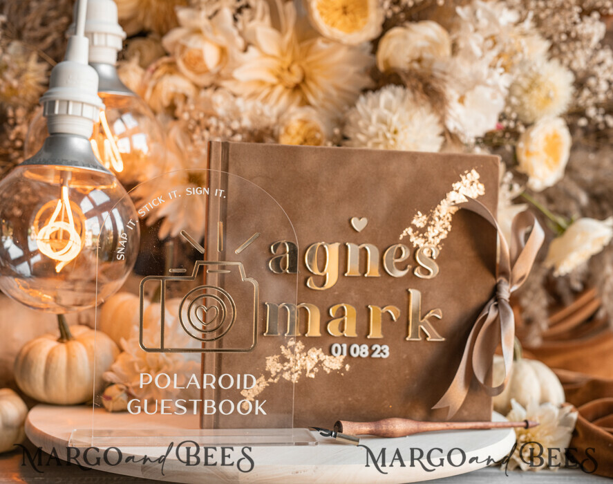 HOCHZEITS-GÄSTEBÜCHER Instax Sofortbildbuch Herbst beige Gold Acryl Hochzeitsgästebuch personalisiert und Acrylschild-Set, Tan Taupe Samt Sofortbildbuch Boho Elegant Instax Hochzeitsfotogästebuch, Erdtönige Acryl Instax Gästebuchschild, Neutraler Samt Fotobuch.