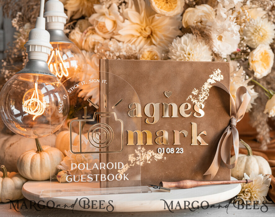 HOCHZEITS-GÄSTEBÜCHER Instax Sofortbildbuch Herbst beige Gold Acryl Hochzeitsgästebuch personalisiert und Acrylschild-Set, Tan Taupe Samt Sofortbildbuch Boho Elegant Instax Hochzeitsfotogästebuch, Erdtönige Acryl Instax Gästebuchschild, Neutraler Samt Fotobuch.