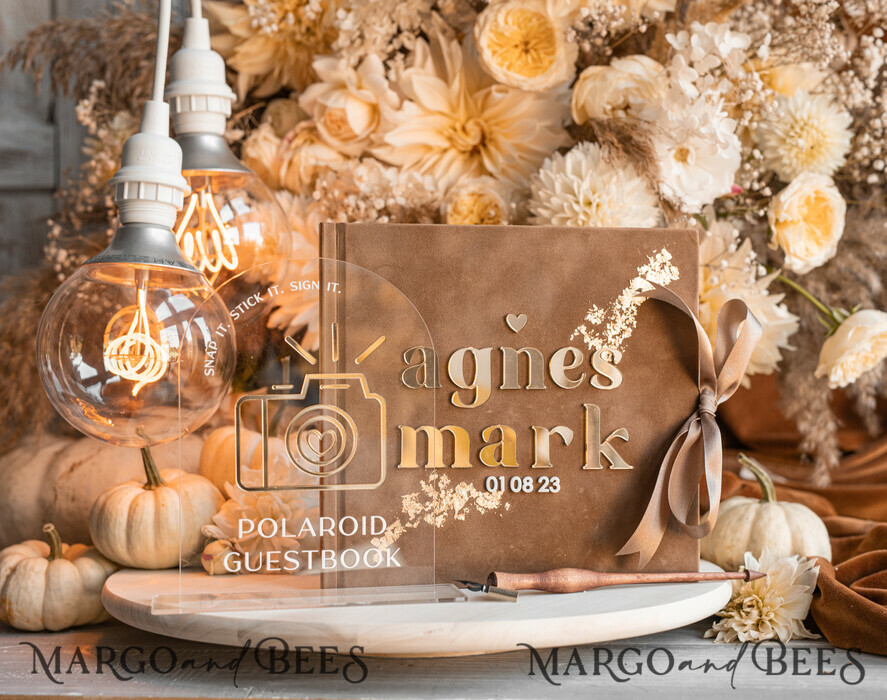 HOCHZEITS-GÄSTEBÜCHER Instax Sofortbildbuch Herbst beige Gold Acryl Hochzeitsgästebuch personalisiert und Acrylschild-Set, Tan Taupe Samt Sofortbildbuch Boho Elegant Instax Hochzeitsfotogästebuch, Erdtönige Acryl Instax Gästebuchschild, Neutraler Samt Fotobuch.