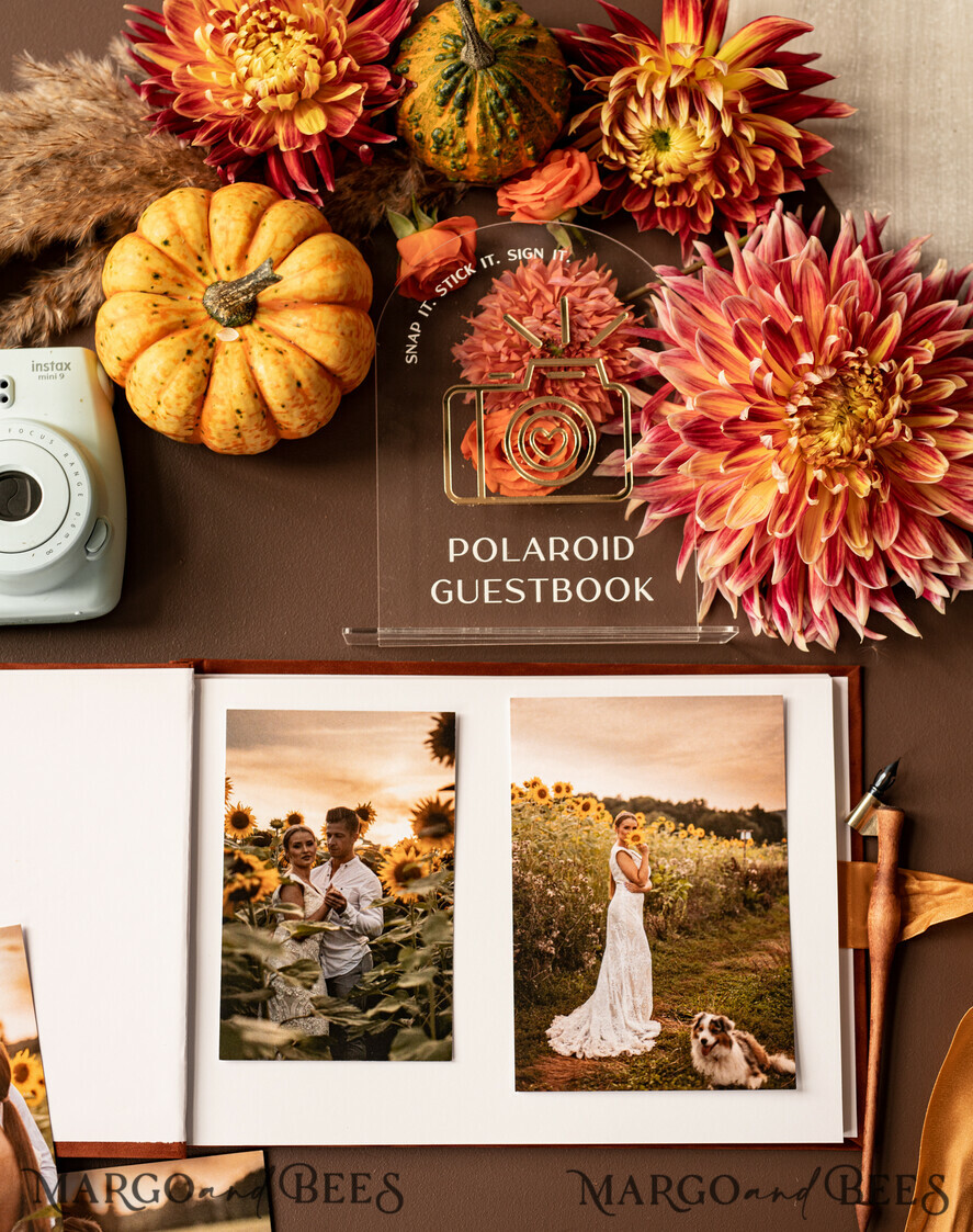 HOCHZEITS-GÄSTEBÜCHER Instax Sofortbildbuch Fall Terracotta Gold Acryl Hochzeitsgästebuch personalisiert und Signaturset, Velvet Rust Sofortbildbuch Boho Elegant Instax Hochzeitsfoto Gästebuch