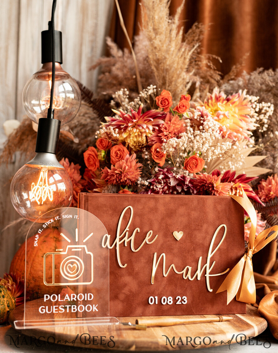 HOCHZEITS-GÄSTEBÜCHER Instax Sofortbildbuch Fall Terracotta Gold Acryl Hochzeitsgästebuch personalisiert und Signaturset, Velvet Rust Sofortbildbuch Boho Elegant Instax Hochzeitsfoto Gästebuch