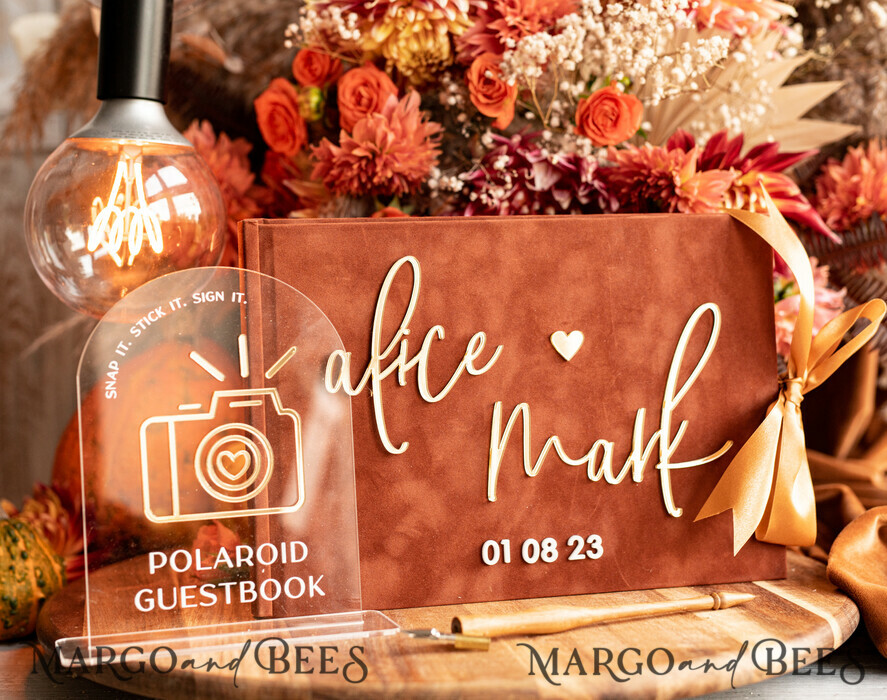 HOCHZEITS-GÄSTEBÜCHER Instax Sofortbildbuch Fall Terracotta Gold Acryl Hochzeitsgästebuch personalisiert und Signaturset, Velvet Rust Sofortbildbuch Boho Elegant Instax Hochzeitsfoto Gästebuch