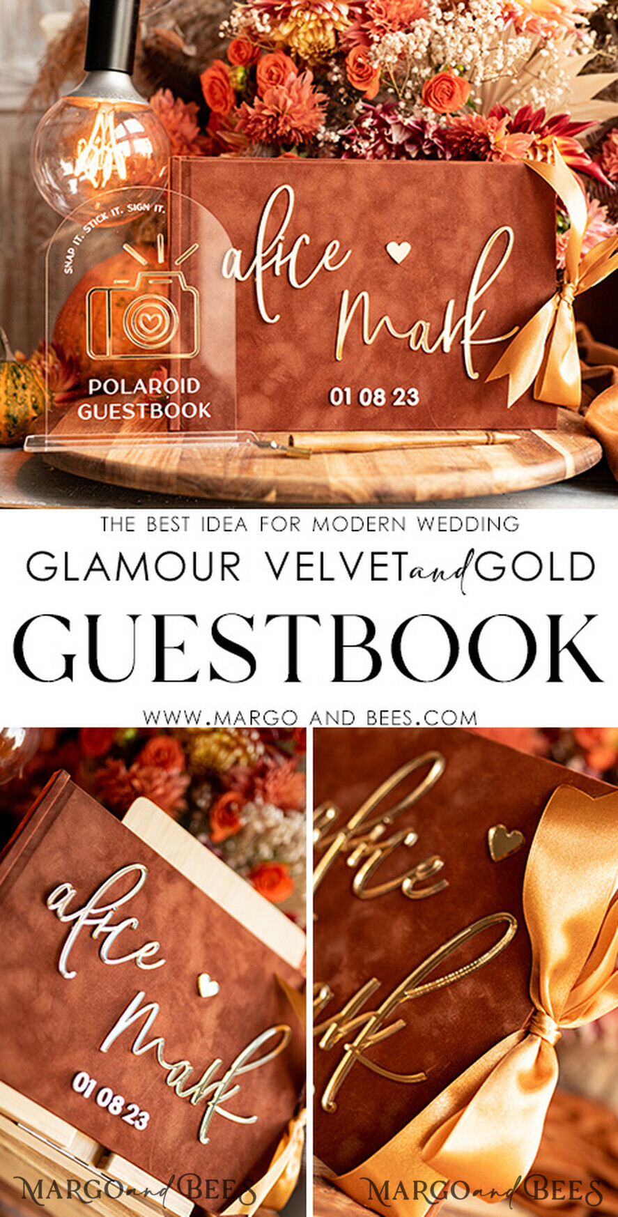 HOCHZEITS-GÄSTEBÜCHER Instax Sofortbildbuch Fall Terracotta Gold Acryl Hochzeitsgästebuch personalisiert und Signaturset, Velvet Rust Sofortbildbuch Boho Elegant Instax Hochzeitsfoto Gästebuch