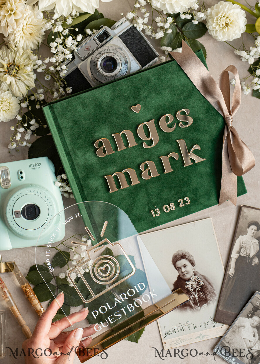 HOCHZEITS-GÄSTEBÜCHER Instax Sofortbildbuch Smaragdgrünes Gold-Acryl-Hochzeitsgastbuch personalisiert und mit Unterschrift-Set, Samtgrün Garten Grün Instant-Fotobuch Boho Elegantes Instax-Hochzeitsfoto-Gästebuch