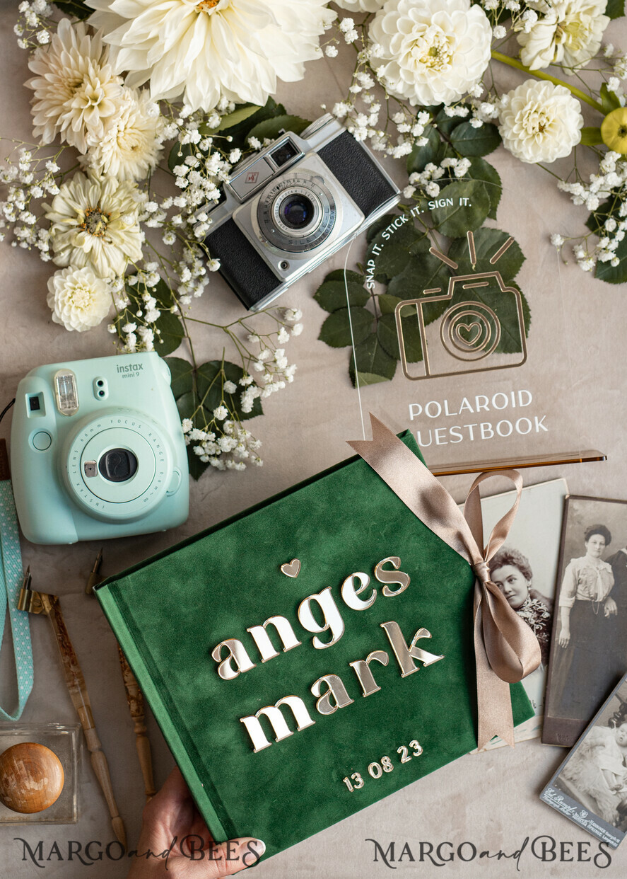 HOCHZEITS-GÄSTEBÜCHER Instax Sofortbildbuch Smaragdgrünes Gold-Acryl-Hochzeitsgastbuch personalisiert und mit Unterschrift-Set, Samtgrün Garten Grün Instant-Fotobuch Boho Elegantes Instax-Hochzeitsfoto-Gästebuch