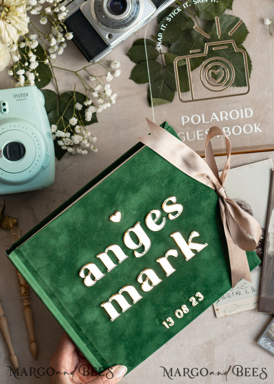HOCHZEITS-GÄSTEBÜCHER Instax Sofortbildbuch Smaragdgrünes Gold-Acryl-Hochzeitsgastbuch personalisiert und mit Unterschrift-Set, Samtgrün Garten Grün Instant-Fotobuch Boho Elegantes Instax-Hochzeitsfoto-Gästebuch