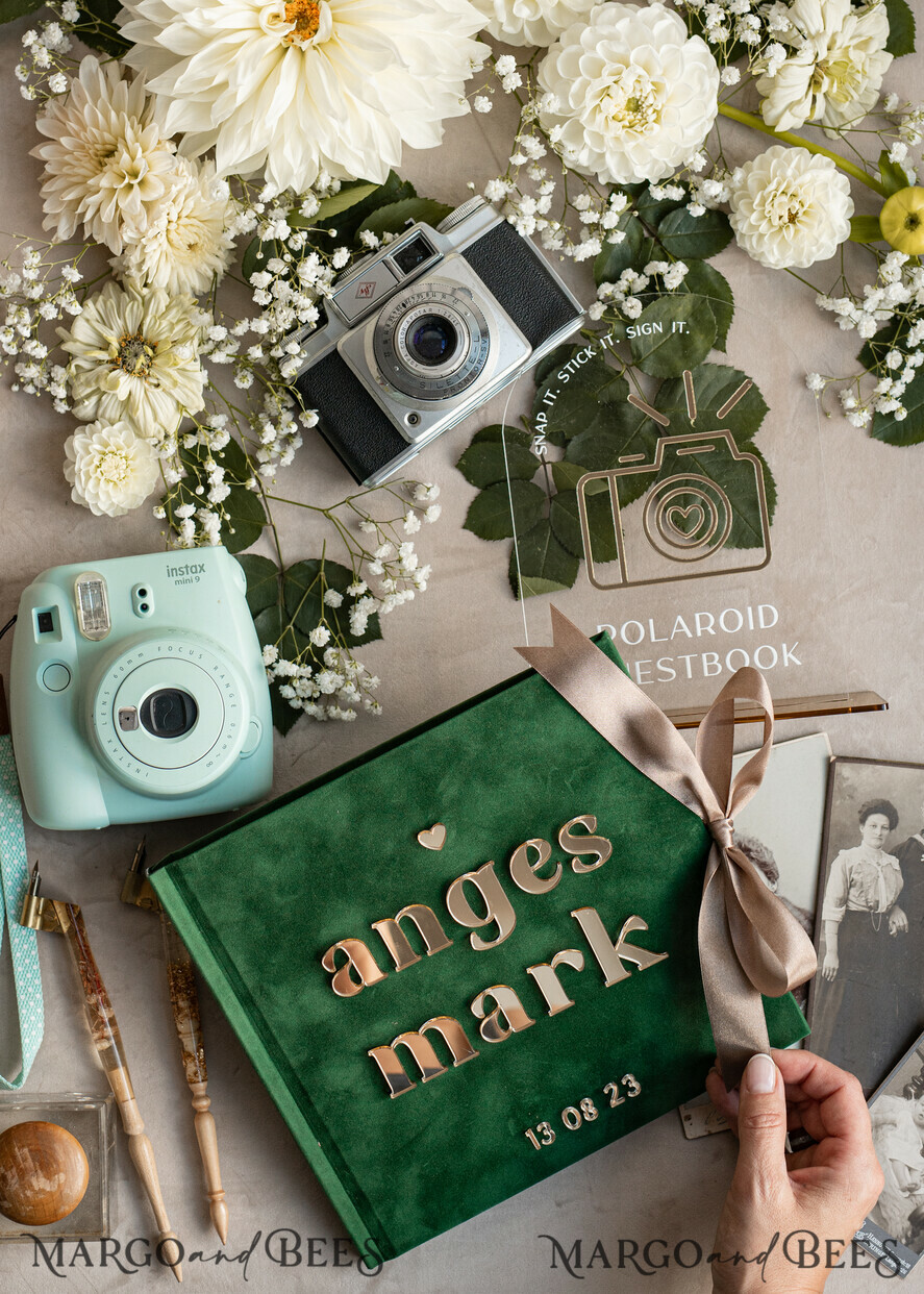 HOCHZEITS-GÄSTEBÜCHER Instax Sofortbildbuch Smaragdgrünes Gold-Acryl-Hochzeitsgastbuch personalisiert und mit Unterschrift-Set, Samtgrün Garten Grün Instant-Fotobuch Boho Elegantes Instax-Hochzeitsfoto-Gästebuch