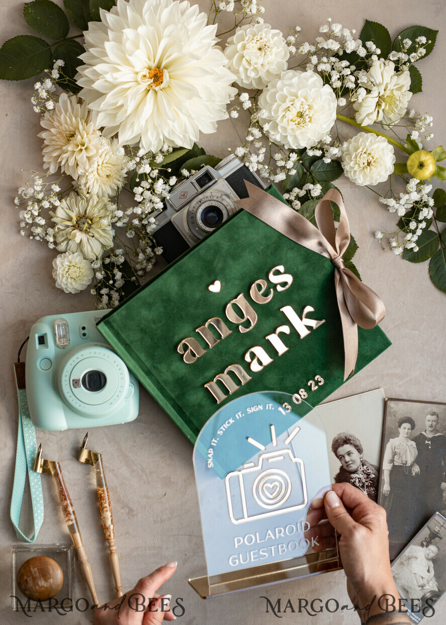 HOCHZEITS-GÄSTEBÜCHER Instax Sofortbildbuch Smaragdgrünes Gold-Acryl-Hochzeitsgastbuch personalisiert und mit Unterschrift-Set, Samtgrün Garten Grün Instant-Fotobuch Boho Elegantes Instax-Hochzeitsfoto-Gästebuch