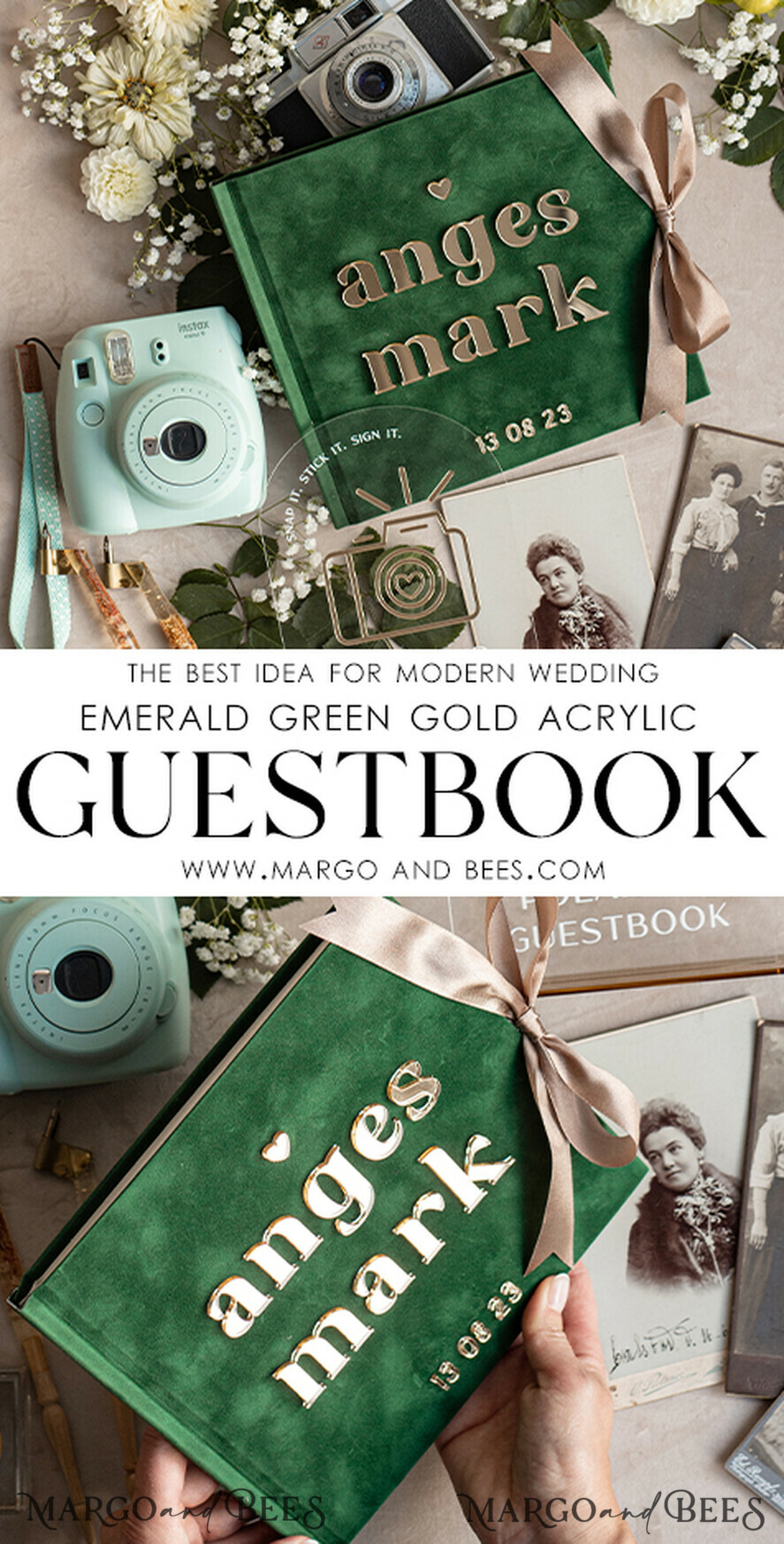 HOCHZEITS-GÄSTEBÜCHER Instax Sofortbildbuch Smaragdgrünes Gold-Acryl-Hochzeitsgastbuch personalisiert und mit Unterschrift-Set, Samtgrün Garten Grün Instant-Fotobuch Boho Elegantes Instax-Hochzeitsfoto-Gästebuch