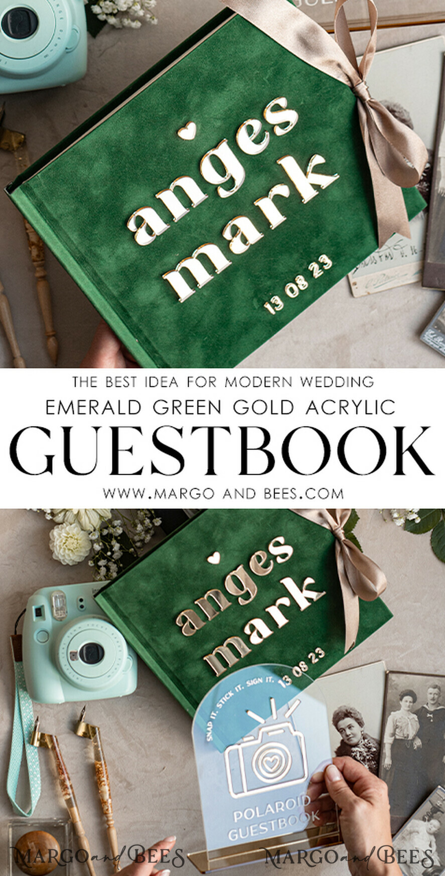 HOCHZEITS-GÄSTEBÜCHER Instax Sofortbildbuch Smaragdgrünes Gold-Acryl-Hochzeitsgastbuch personalisiert und mit Unterschrift-Set, Samtgrün Garten Grün Instant-Fotobuch Boho Elegantes Instax-Hochzeitsfoto-Gästebuch