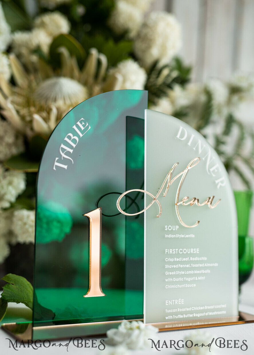 TISCHDEKORATIONSCHILDER   Acryl Tischdekoration Zahlen Acrylbogen Tischnummer und Menü-Kombination, grünes und gefrorenes Acrylgold-Schild, goldene Plexi Tischnummer und Menü-Kombination Luxus Hochzeits Tischdekoration, Hochzeitsbeschilderung