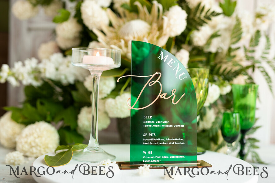 TISCHDEKORATIONSCHILDER   Acryl Tischdekoration Zahlen Acryl Halbbogen Grün Bar Menü, Transparentes Acryl und Gold Bar Menü, Grün Gold Plexi Getränk Bar Menü, Grünes Luxus Getränk Bar Tischdeko, Botanische Hochzeit