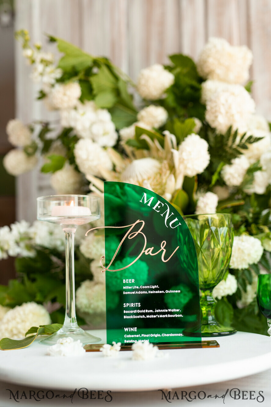 TISCHDEKORATIONSCHILDER   Acryl Tischdekoration Zahlen Acryl Halbbogen Grün Bar Menü, Transparentes Acryl und Gold Bar Menü, Grün Gold Plexi Getränk Bar Menü, Grünes Luxus Getränk Bar Tischdeko, Botanische Hochzeit