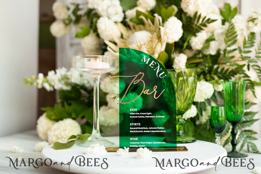 TISCHDEKORATIONSCHILDER   Acryl Tischdekoration Zahlen Acryl Halbbogen Grün Bar Menü, Transparentes Acryl und Gold Bar Menü, Grün Gold Plexi Getränk Bar Menü, Grünes Luxus Getränk Bar Tischdeko, Botanische Hochzeit