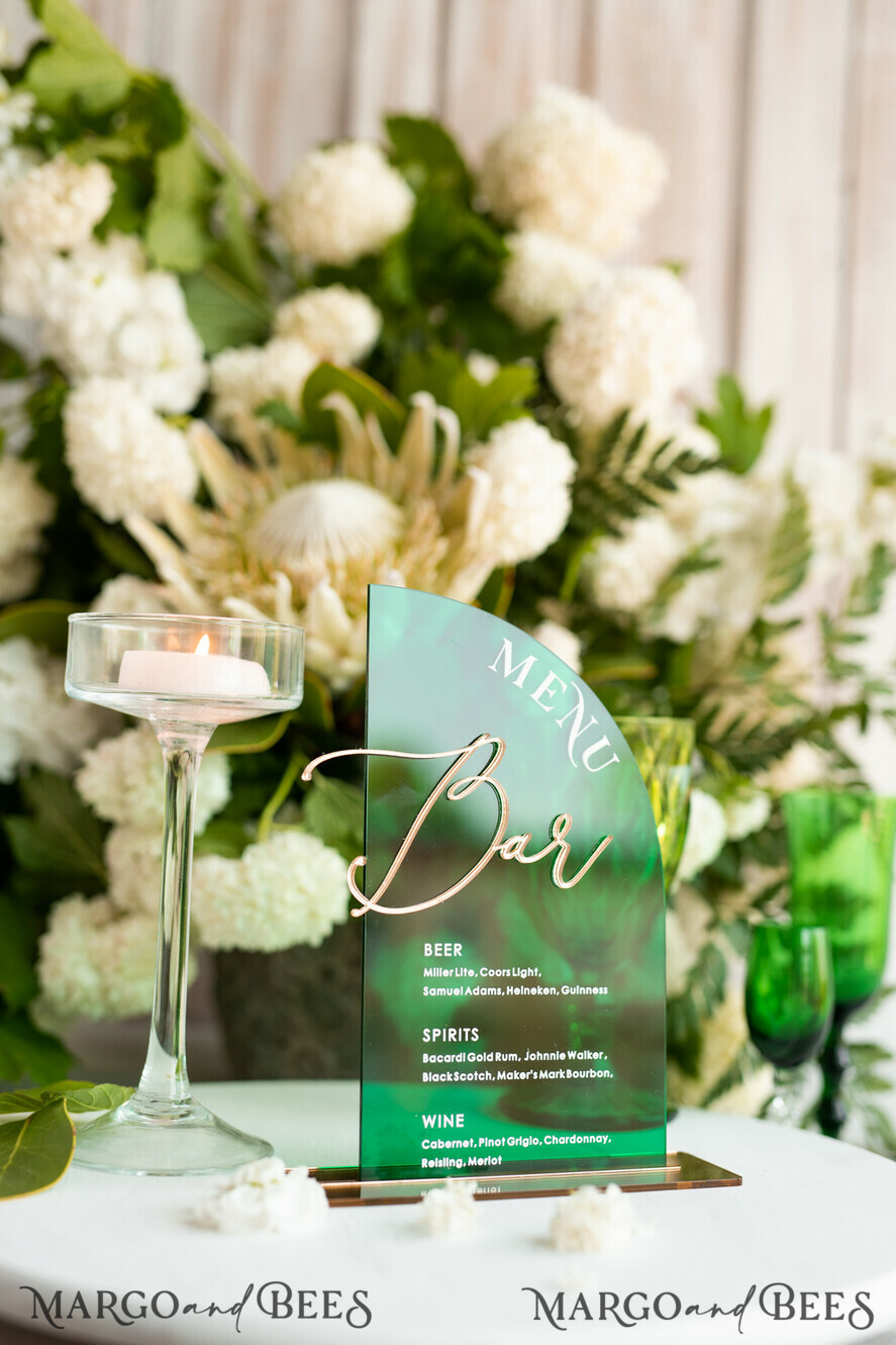 TISCHDEKORATIONSCHILDER   Acryl Tischdekoration Zahlen Acryl Halbbogen Grün Bar Menü, Transparentes Acryl und Gold Bar Menü, Grün Gold Plexi Getränk Bar Menü, Grünes Luxus Getränk Bar Tischdeko, Botanische Hochzeit