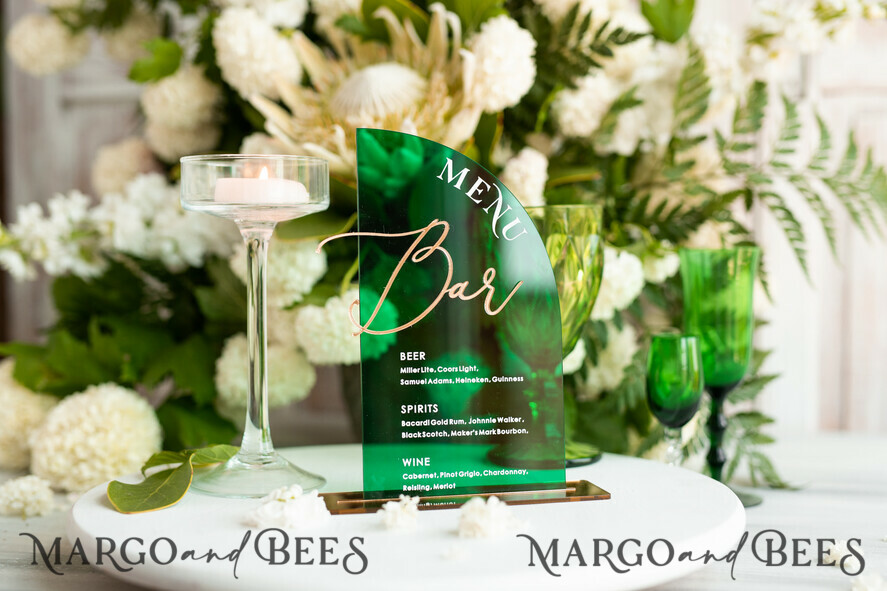 TISCHDEKORATIONSCHILDER   Acryl Tischdekoration Zahlen Acryl Halbbogen Grün Bar Menü, Transparentes Acryl und Gold Bar Menü, Grün Gold Plexi Getränk Bar Menü, Grünes Luxus Getränk Bar Tischdeko, Botanische Hochzeit