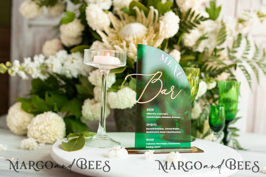 TISCHDEKORATIONSCHILDER   Acryl Tischdekoration Zahlen Acryl Halbbogen Grün Bar Menü, Transparentes Acryl und Gold Bar Menü, Grün Gold Plexi Getränk Bar Menü, Grünes Luxus Getränk Bar Tischdeko, Botanische Hochzeit
