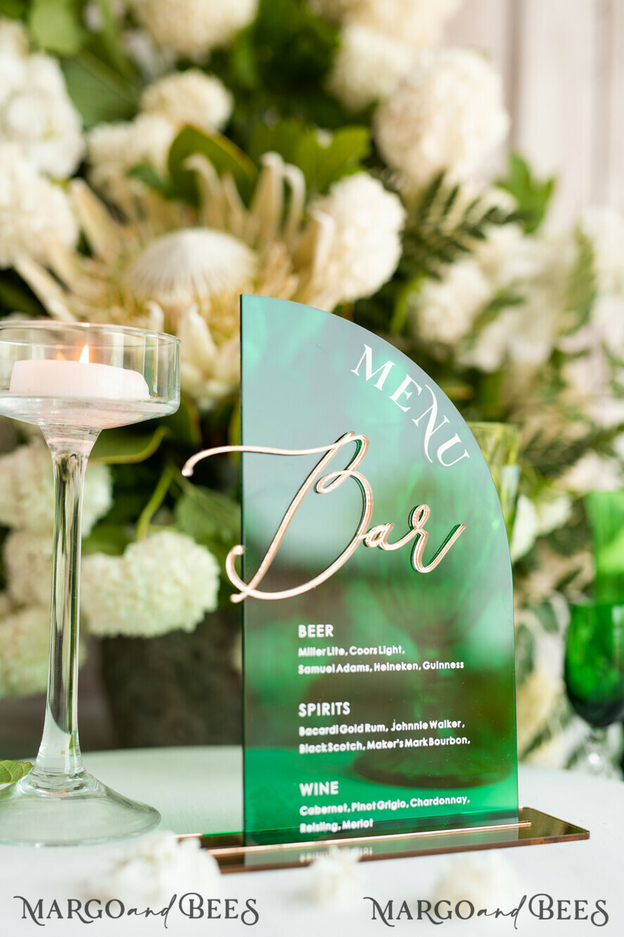 TISCHDEKORATIONSCHILDER   Acryl Tischdekoration Zahlen Acryl Halbbogen Grün Bar Menü, Transparentes Acryl und Gold Bar Menü, Grün Gold Plexi Getränk Bar Menü, Grünes Luxus Getränk Bar Tischdeko, Botanische Hochzeit