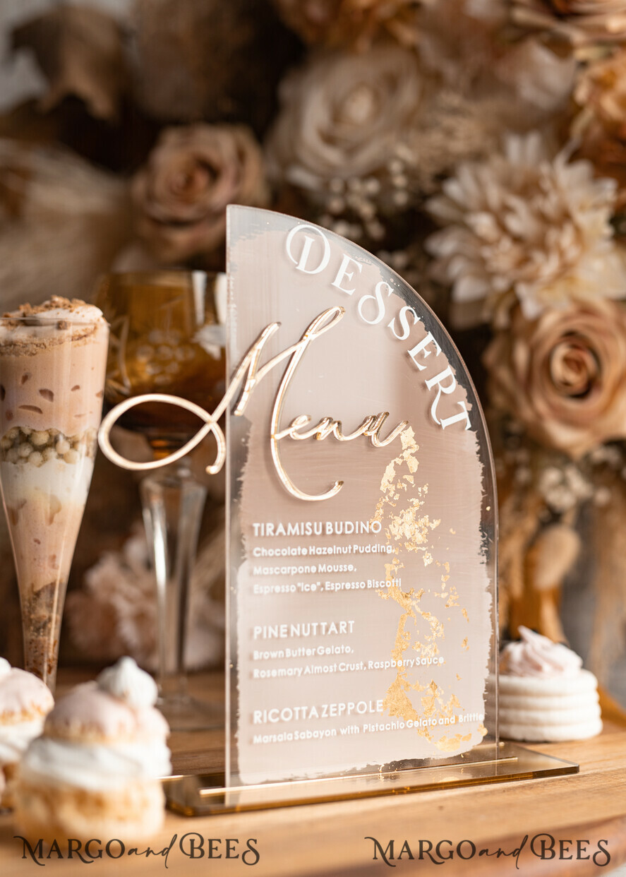 TISCHDEKORATIONSCHILDER   Acryl Tischdekoration Zahlen Acrylbogen Beige Ombre Dessertmenü, klarer Acryl Gold Taupe Candy Bar Schild, Nude Gold Plexi Tischbogen Menü, luxuriöse Beige Ombre Hochzeits Tischdekoration, Hochzeitsbeschilderung goldenem Spiegel Dessertmenü