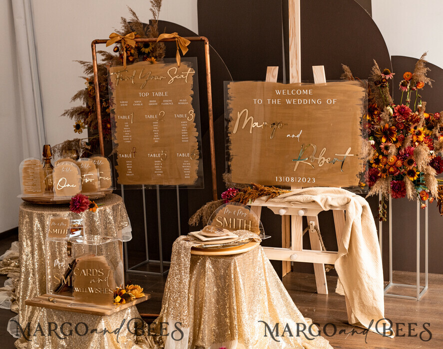 TISCHDEKORATIONSCHILDER   Acryl Tischdekoration Zahlen Acrylbogen Tischmenü, klarer Acryl- und Goldschild, goldene Plexitischnummern, luxuriöse Hochzeits-Tischdekoration, goldener Spiegel Hochzeitsmenü-Schild, weißer editierbarer Text