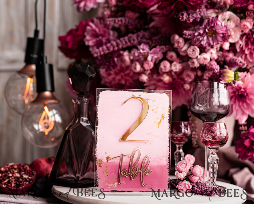 TISCHDEKORATIONSCHILDER   Acryl Tischdekoration Zahlen Blassrosa Ombre Mauve Acryl Tischnummern, Staubrosé Acryl & goldenes Schild, Goldpflaumen Plexi Tischnummern, Luxus lila Hochzeits Tischdekoration, 3D Hochzeitsbeschilderung