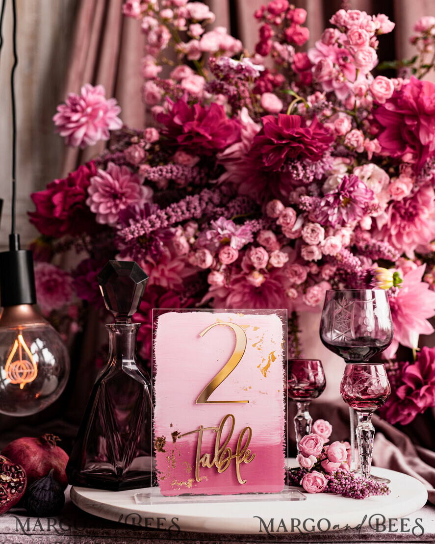 TISCHDEKORATIONSCHILDER   Acryl Tischdekoration Zahlen Blassrosa Ombre Mauve Acryl Tischnummern, Staubrosé Acryl & goldenes Schild, Goldpflaumen Plexi Tischnummern, Luxus lila Hochzeits Tischdekoration, 3D Hochzeitsbeschilderung