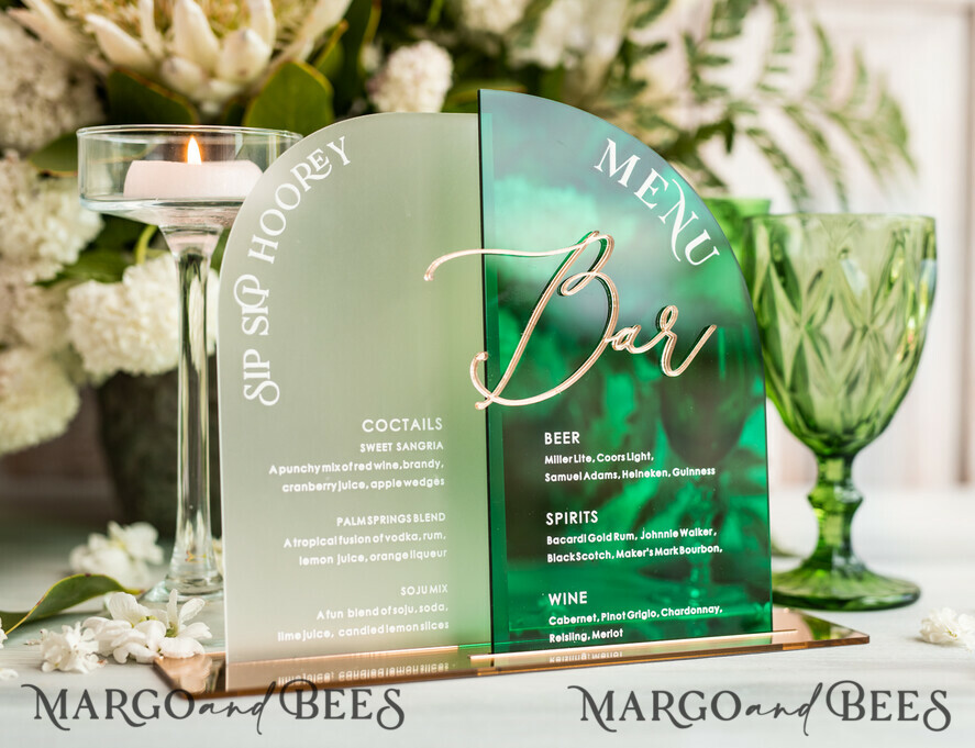 TISCHDEKORATIONSCHILDER   Acryl Tischdekoration Zahlen Acrylbogen Grünes Bar Menü, Smaragdgrünes und goldenes Bar Menü, Grünes Acryl Gold Plexi Getränkebar Menü, Luxus Hochzeits Getränkebar Tischdekoration, Hochzeitsbeschilderung