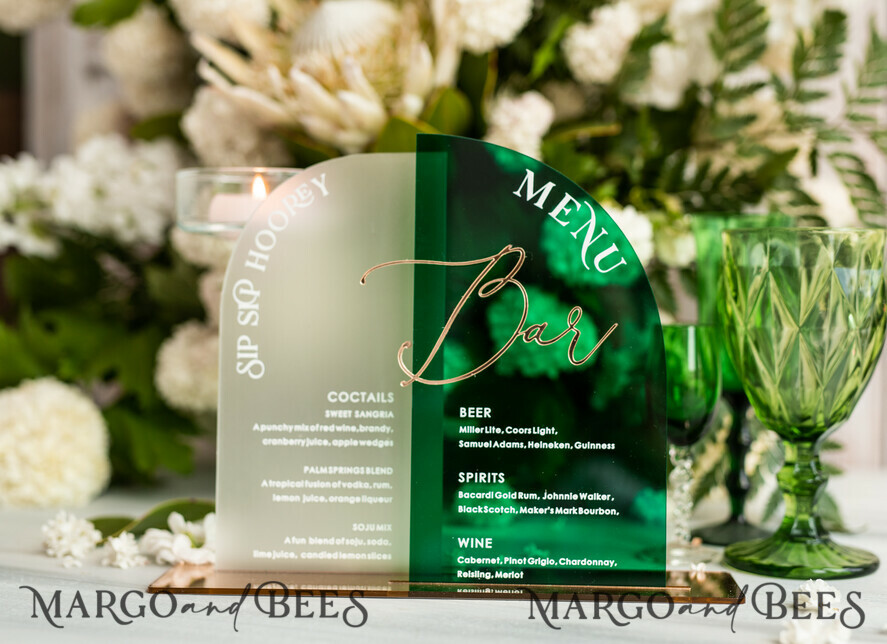 TISCHDEKORATIONSCHILDER   Acryl Tischdekoration Zahlen Acrylbogen Grünes Bar Menü, Smaragdgrünes und goldenes Bar Menü, Grünes Acryl Gold Plexi Getränkebar Menü, Luxus Hochzeits Getränkebar Tischdekoration, Hochzeitsbeschilderung
