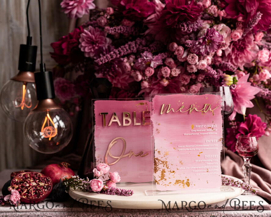 TISCHDEKORATIONSCHILDER   Acryl Tischdekoration Zahlen Ombre bemalt blassrosa Mauve Acryl modernes Tischmenü, Staubige Rose Acryl & goldenes Schild, Gold Plexi Tischnummer, Luxus Hochzeits Tischdekoration, 3D Hochzeitsbeschilderung