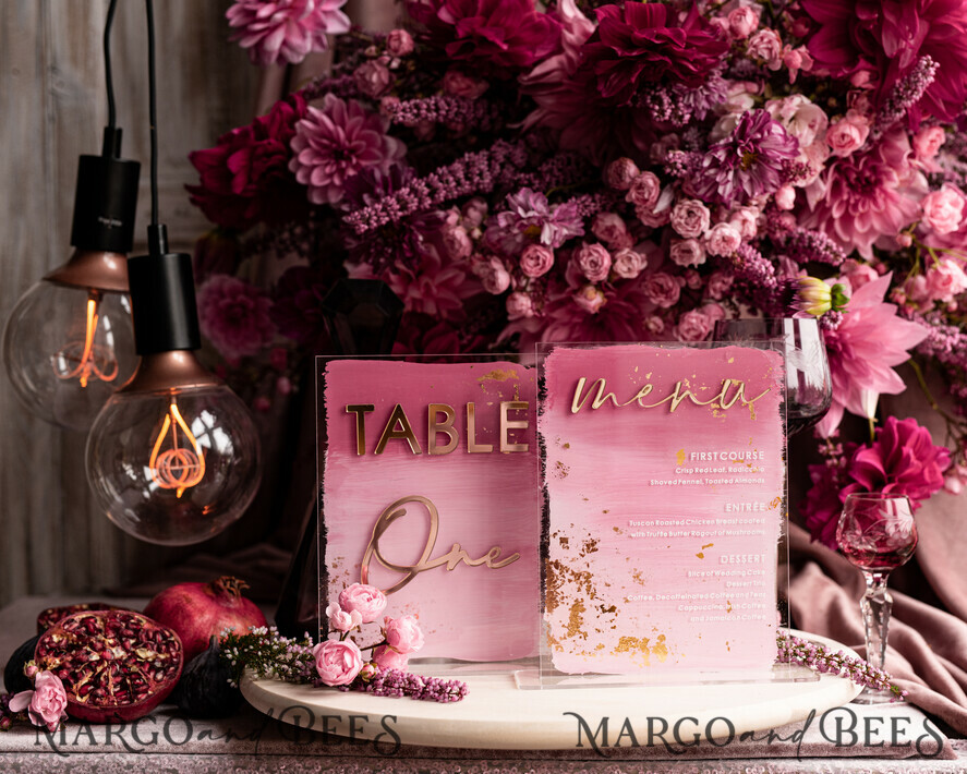 TISCHDEKORATIONSCHILDER   Acryl Tischdekoration Zahlen Ombre bemalt blassrosa Mauve Acryl modernes Tischmenü, Staubige Rose Acryl & goldenes Schild, Gold Plexi Tischnummer, Luxus Hochzeits Tischdekoration, 3D Hochzeitsbeschilderung