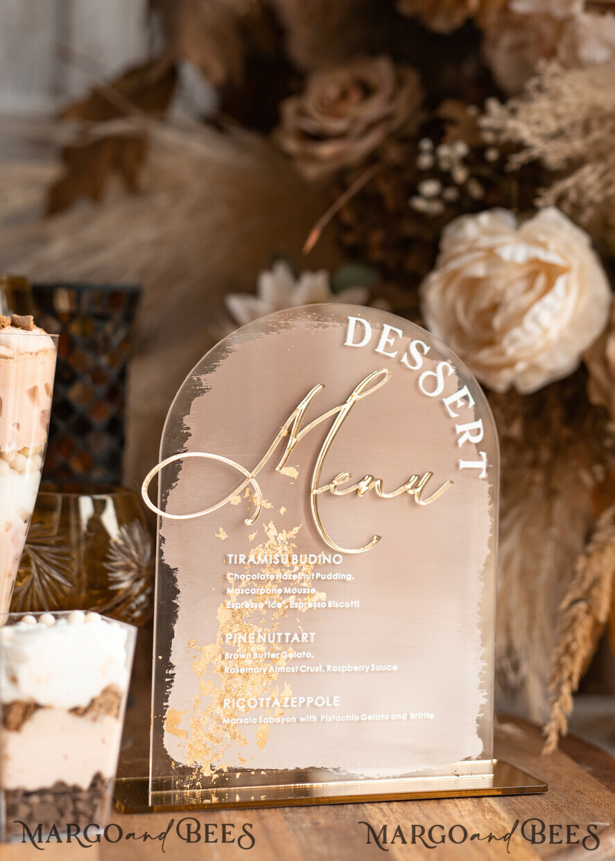 TISCHDEKORATIONSCHILDER   Acryl Tischdekoration Zahlen Acrylbogen Dessertmenü, klarer Acryl-Gold-Candy-Bar-Schild, Gold-Plexiglas-Tischbogen-Menü, luxuriöse Hochzeits-Tischdekoration, Hochzeitsbeschilderung goldener Spiegel-Dessertmenü