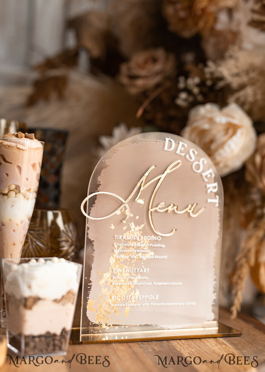 TISCHDEKORATIONSCHILDER   Acryl Tischdekoration Zahlen Acrylbogen Dessertmenü, klarer Acryl-Gold-Candy-Bar-Schild, Gold-Plexiglas-Tischbogen-Menü, luxuriöse Hochzeits-Tischdekoration, Hochzeitsbeschilderung goldener Spiegel-Dessertmenü
