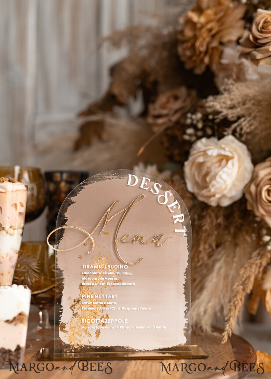 TISCHDEKORATIONSCHILDER   Acryl Tischdekoration Zahlen Acrylbogen Dessertmenü, klarer Acryl-Gold-Candy-Bar-Schild, Gold-Plexiglas-Tischbogen-Menü, luxuriöse Hochzeits-Tischdekoration, Hochzeitsbeschilderung goldener Spiegel-Dessertmenü