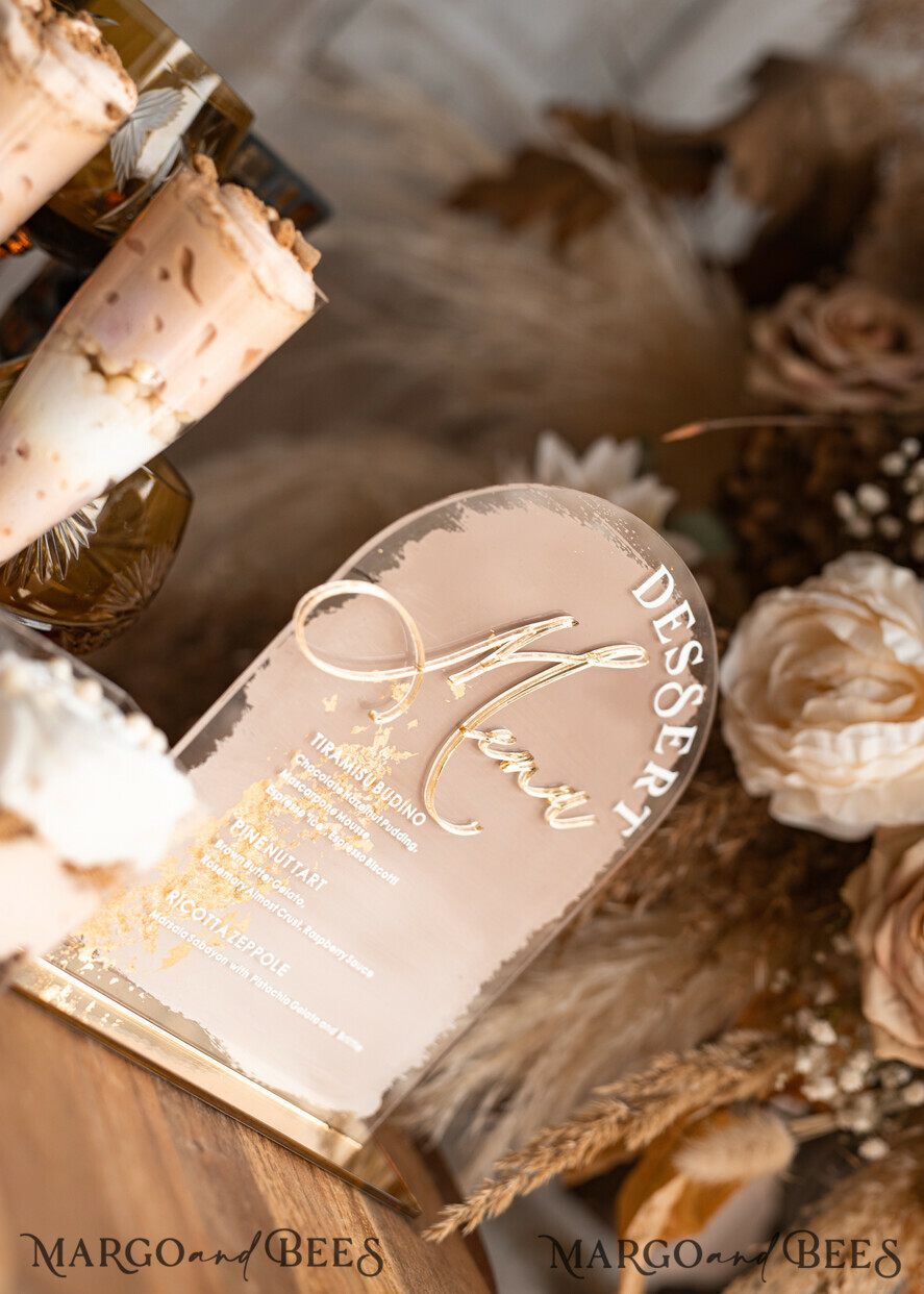 TISCHDEKORATIONSCHILDER   Acryl Tischdekoration Zahlen Acrylbogen Dessertmenü, klarer Acryl-Gold-Candy-Bar-Schild, Gold-Plexiglas-Tischbogen-Menü, luxuriöse Hochzeits-Tischdekoration, Hochzeitsbeschilderung goldener Spiegel-Dessertmenü